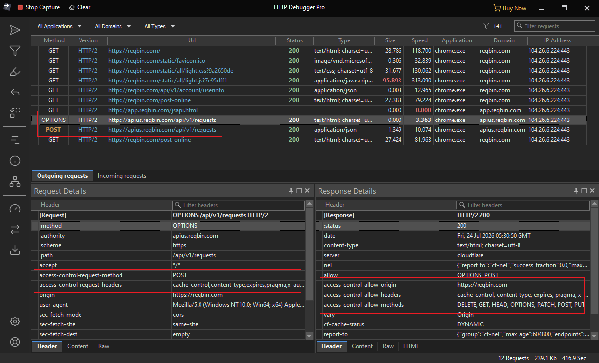 HTTP Debugger showing an OPTIONS preflight request, its Access-Control-Allow response headers, and the following POST request