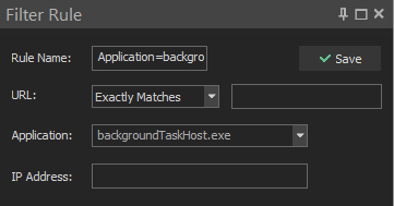Filter Rule editor in HTTP Debugger restricting captured requests to a specific application name and URL match