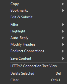 Right-click context menu on a request row with Copy, Bookmarks, Edit and Submit, Filter, Highlight, Auto-Reply, Modify Headers, Redirect Connections, Save Content, HTTP/2 Connection Tree View, Delete Selected, and Clear