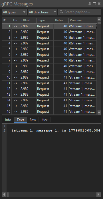gRPC Messages pane Text tab showing a decoded streaming message payload