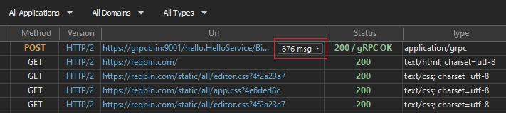 HTTP Debugger main grid with a gRPC call selected — POST over HTTP/2 to hello.HelloService, status 200 / gRPC OK, type application/grpc