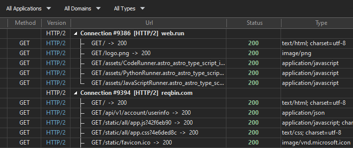 HTTP Debugger Connection Tree View grouping requests under HTTP/2 connection parent rows for web.run and reqbin.com