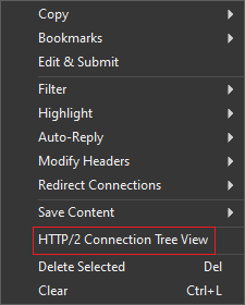 HTTP Debugger grid context menu with the HTTP/2 Connection Tree View item highlighted