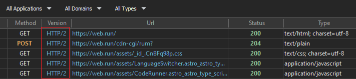 HTTP Debugger main grid with the Version column showing HTTP/2 for several captured requests