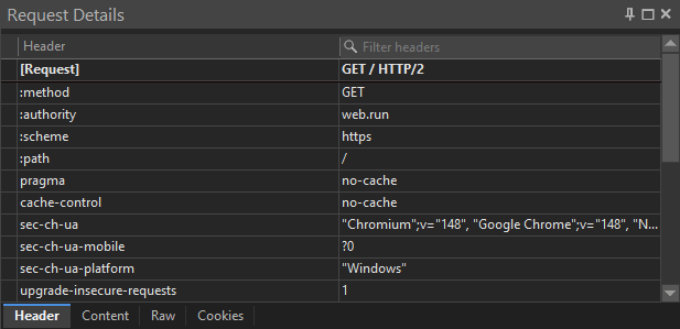 HTTP Debugger Request Details pane showing decoded HTTP/2 pseudo-headers :method, :authority, :scheme, and :path