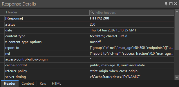 HTTP Debugger Response Details pane showing the HTTP/2 :status pseudo-header and decoded response headers