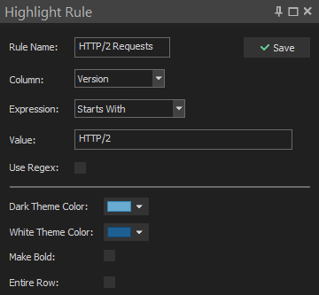 Highlight Rule editor matching the Version column with Starts With HTTP/2 and separate dark and light theme colors