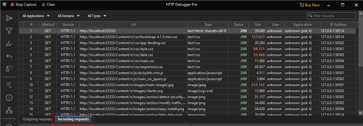 HTTP Debugger Incoming requests tab showing HTTP/1.1 GET requests to localhost port 52333 with 200 status codes