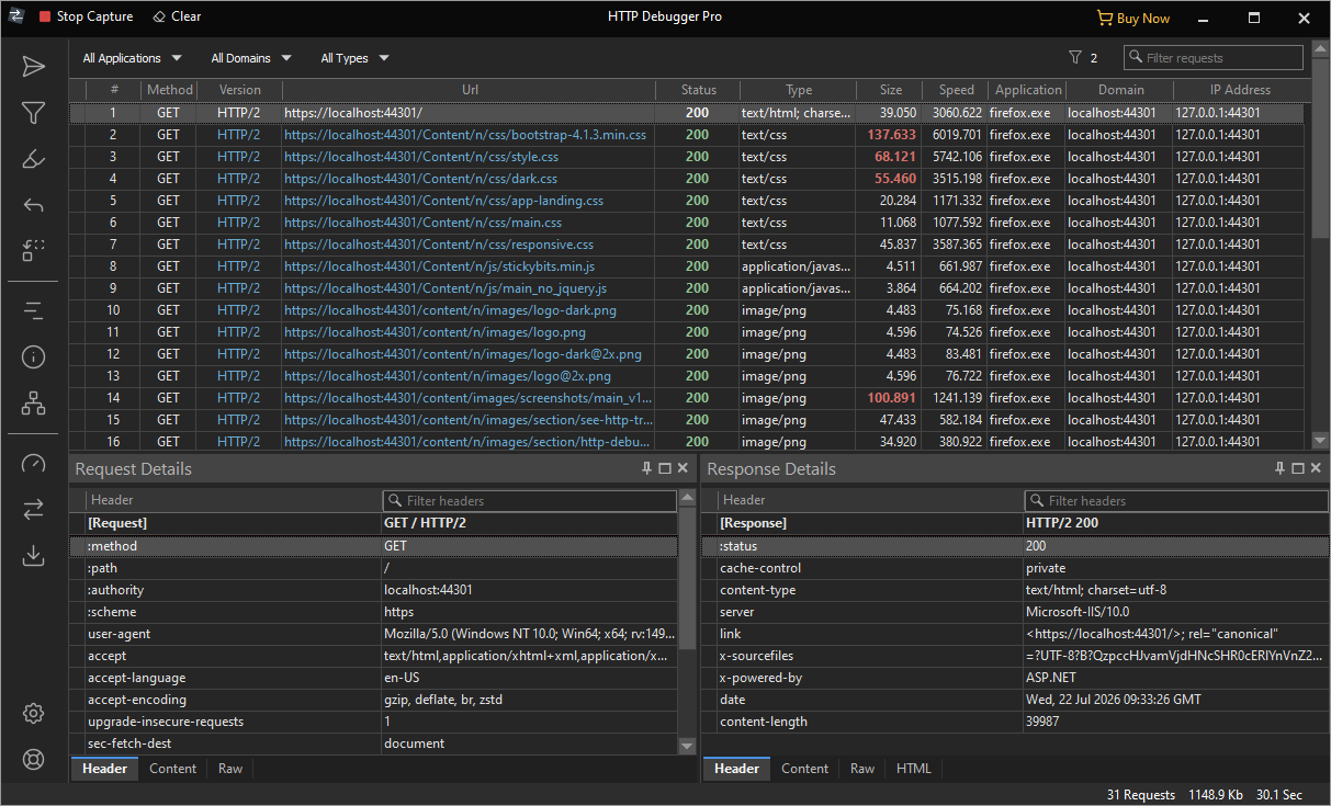 HTTP Debugger capturing HTTP/2 requests to localhost port 44301 from Firefox, with request and response headers visible