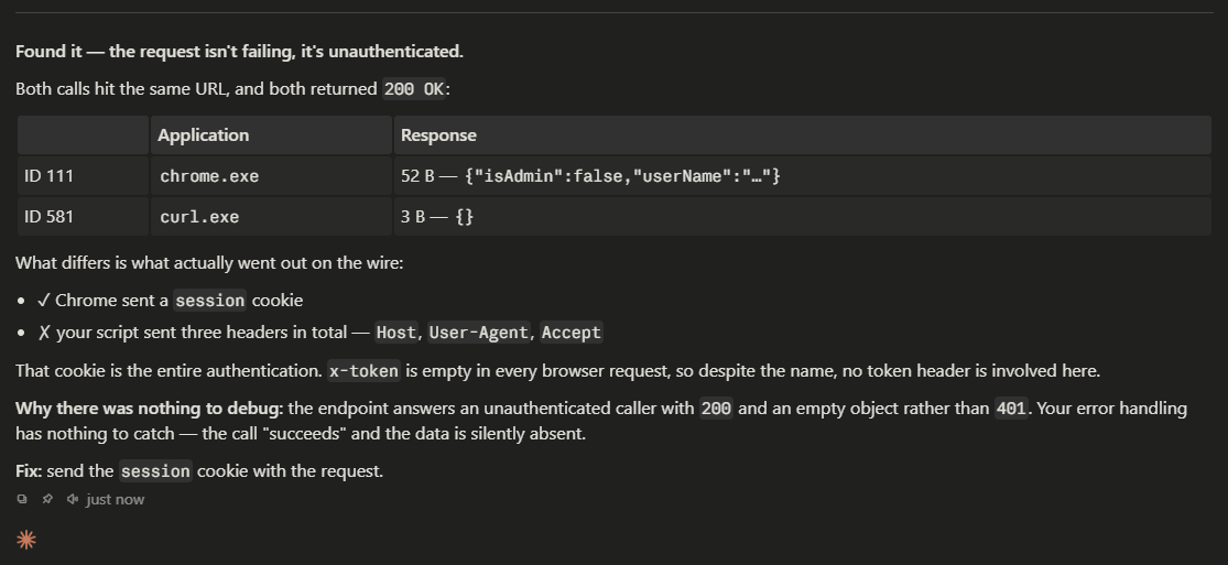 Agent answer comparing transaction ID 111 from chrome.exe returning 52 bytes with transaction ID 581 from curl.exe returning 3 bytes, both 200 OK