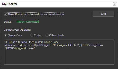 MCP Server dialog with the Claude Code client selected, status Ready. Connected, and the claude mcp add command shown in the text box