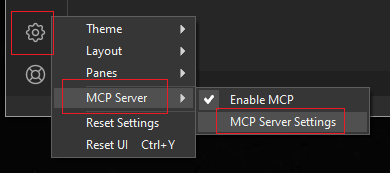 HTTP Debugger settings menu with the MCP Server submenu open, showing Enable MCP checked and MCP Server Settings below it