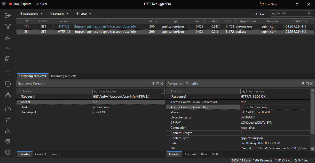 HTTP Debugger grid filtered on userinfo with transactions 111 and 581 selected, request headers on the left and response headers with Content-Length 3 on the right