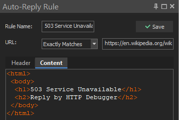 Auto-Reply rule in HTTP Debugger returning a custom 503 Service Unavailable HTML body for a matched URL