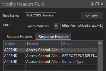 Modify Headers rule editor in HTTP Debugger with three CORS Access-Control APPEND actions for a matched URL