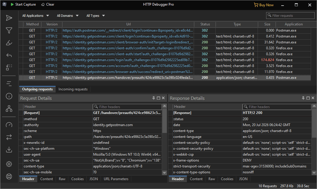 HTTP Debugger main grid capturing a desktop application sign-in, with the Application column showing the interactive requests made by firefox.exe and the app's own back-channel call made by Postman.exe