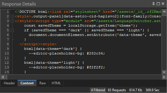 Response Details Content tab showing syntax-highlighted HTML with embedded style and script blocks