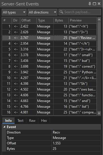 Server-Sent Events pane with 16 streamed messages and an Info tab showing direction, type, offset and byte size