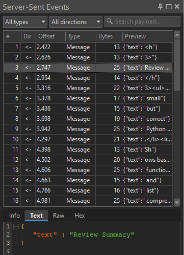 Server-Sent Events view in HTTP Debugger showing streamed message events with offset, byte size, and a decoded JSON payload