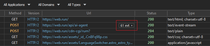 HTTP Debugger main grid with a captured response marked as a Server-Sent Events stream