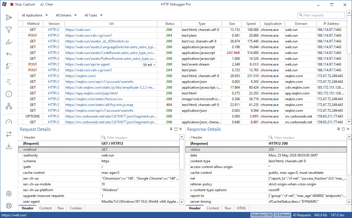 HTTP Debugger main window in light theme with captured HTTP/2 requests and Request and Response Details panels