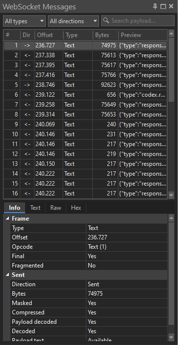 WebSocket Messages pane listing 16 frames with direction, offset, type, and a preview, plus an Info tab with frame metadata
