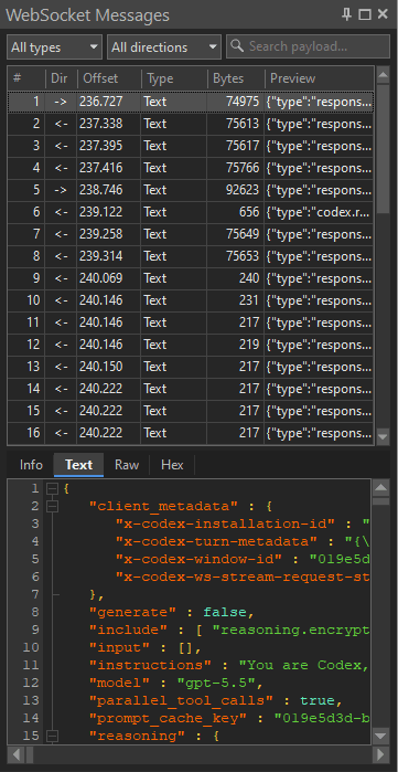 Decoded WebSocket text frame shown as formatted JSON in HTTP Debugger
