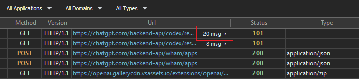 HTTP Debugger main grid with a WebSocket upgrade request selected, status 101, and a message-count badge