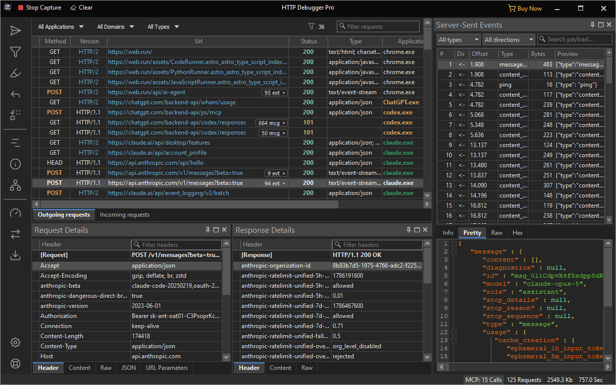 HTTP Debugger Pro 10.7 with an icon rail on the left, inline event counts in the grid, a Server-Sent Events pane, and an MCP call counter in the status bar