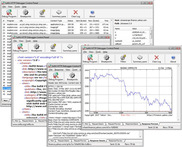 Three overlapping SoftX HTTP Debugger Control Panel windows showing a request log, an XML response, and a rendered chart