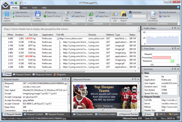 HTTP Debugger Pro on the 4.x line with the request grid, Traffic Meter, Time Chart, Summary, and a Response Preview rendering a captured banner
