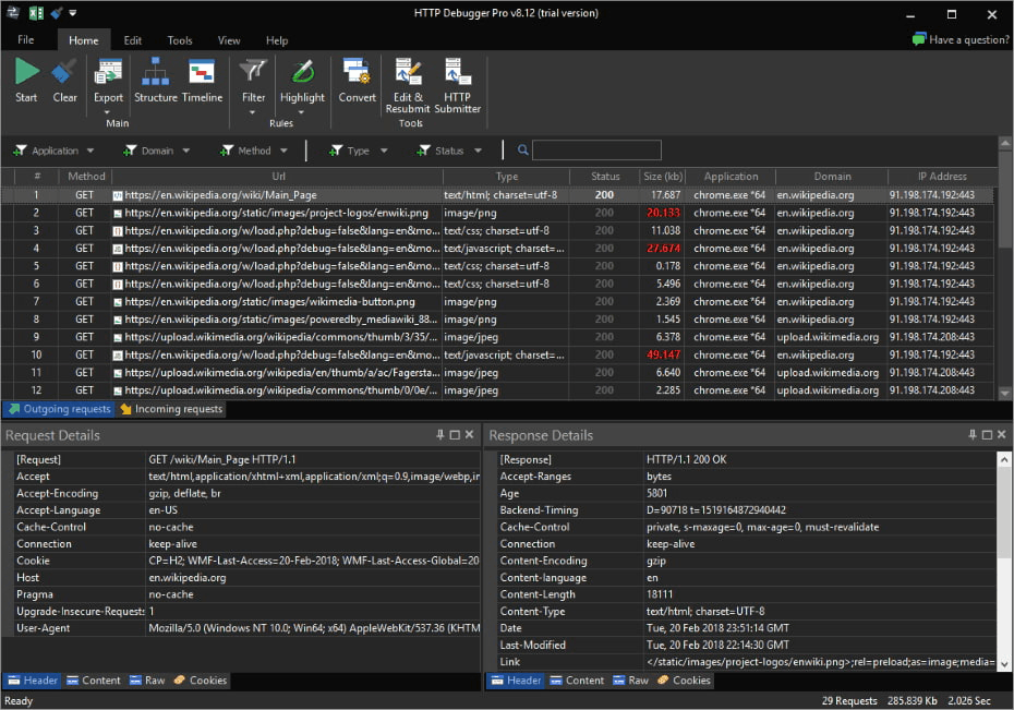 HTTP Debugger Pro 8.12 in the dark theme with quick filters for application, domain, method, type, and status