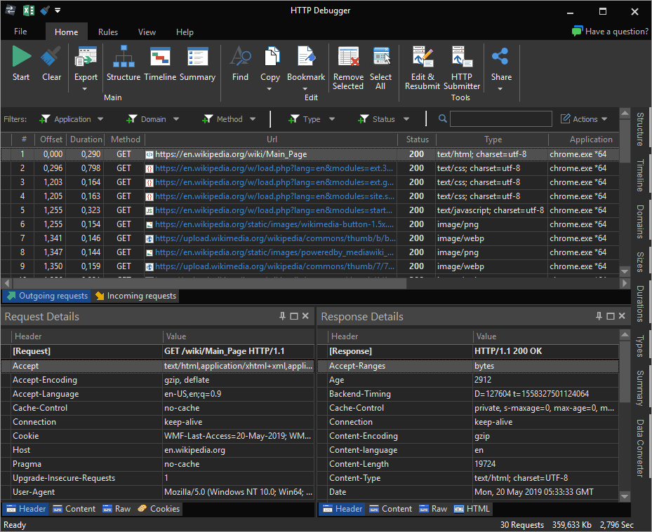 HTTP Debugger 9.9 in the dark theme with vertical tabs along the right edge and a Share button in the toolbar