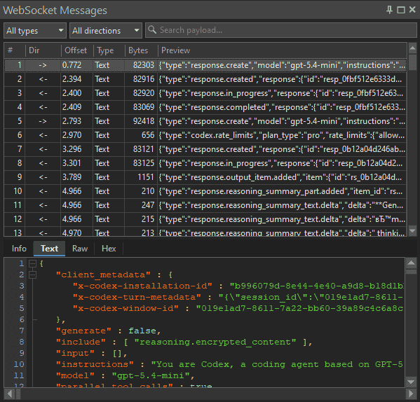 Messages and Events pane in HTTP Debugger showing live SSE deltas, WebSocket frames, and gRPC messages